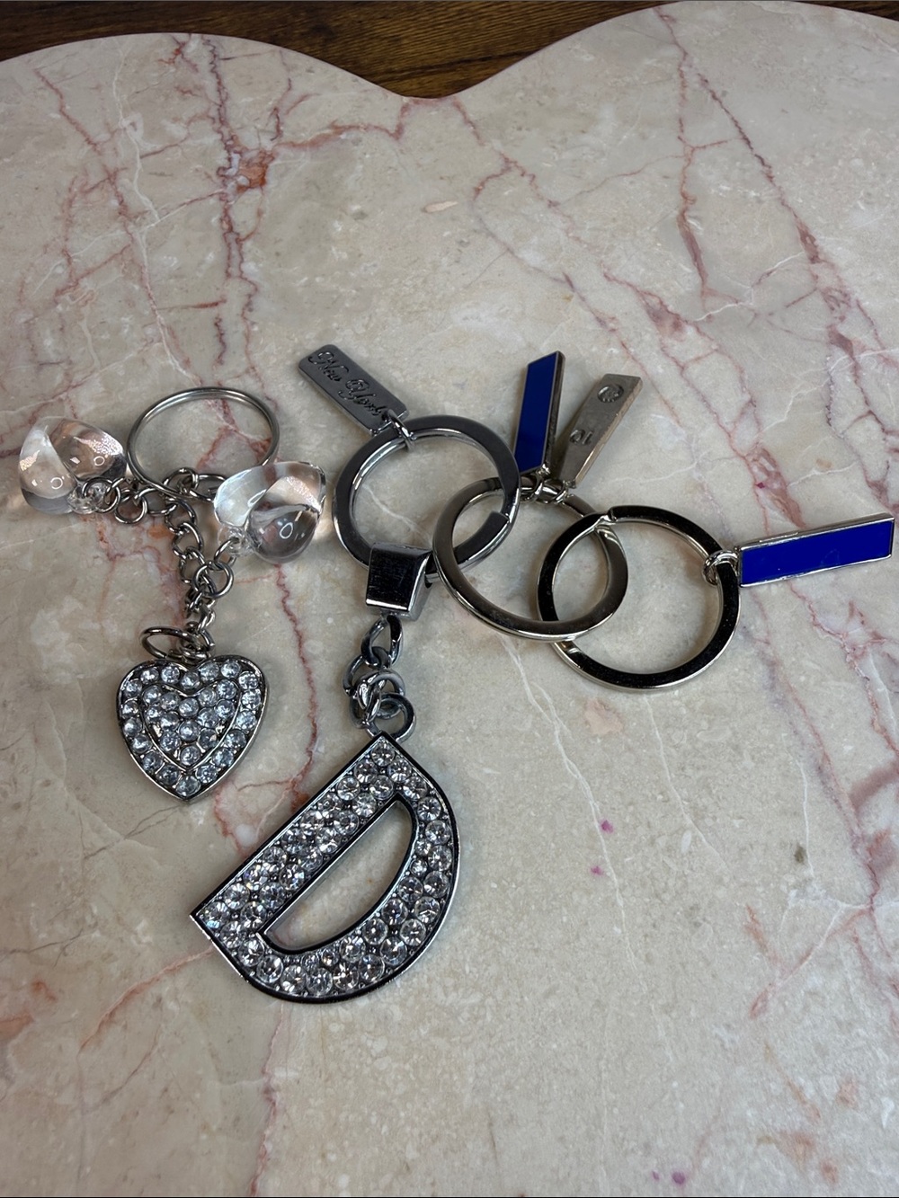D Initial and Crystal Heart Keychain Set - Silver